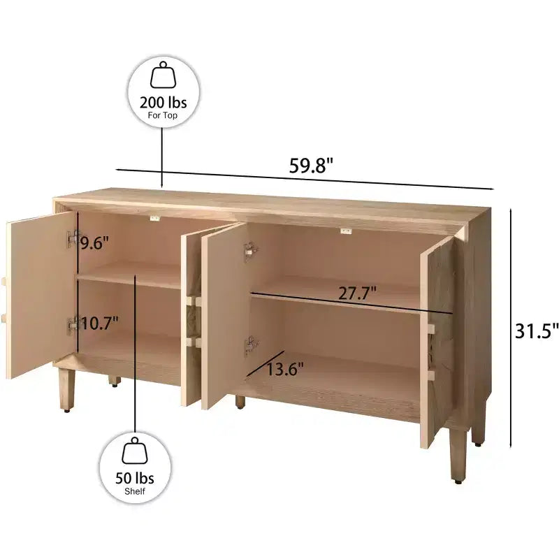60-Inch Black Buffet Cabinet with Storage, Modern Wooden Accent Cabinet with 4 Doors and Square-Designed Handle