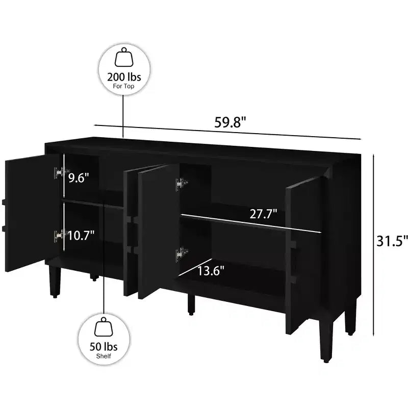 60-Inch Black Buffet Cabinet with Storage, Modern Wooden Accent Cabinet with 4 Doors and Square-Designed Handle