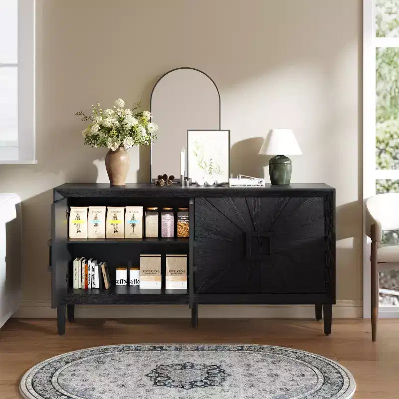 60-Inch Black Buffet Cabinet with Storage, Modern Wooden Accent Cabinet with 4 Doors and Square-Designed Handle