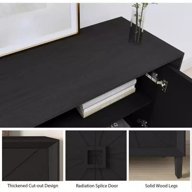 60-Inch Black Buffet Cabinet with Storage, Modern Wooden Accent Cabinet with 4 Doors and Square-Designed Handle