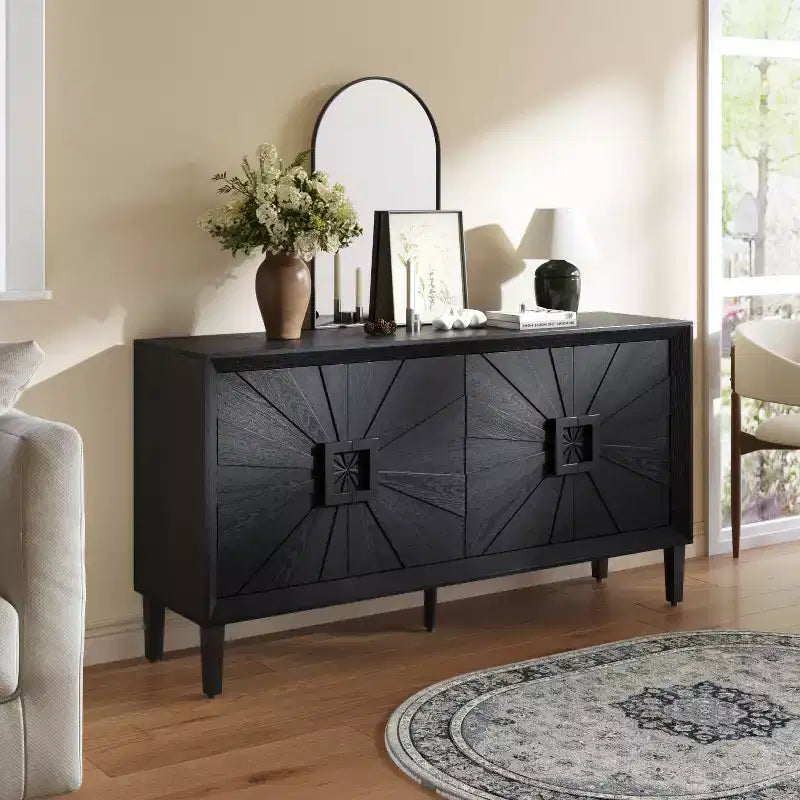60-Inch Black Buffet Cabinet with Storage, Modern Wooden Accent Cabinet with 4 Doors and Square-Designed Handle