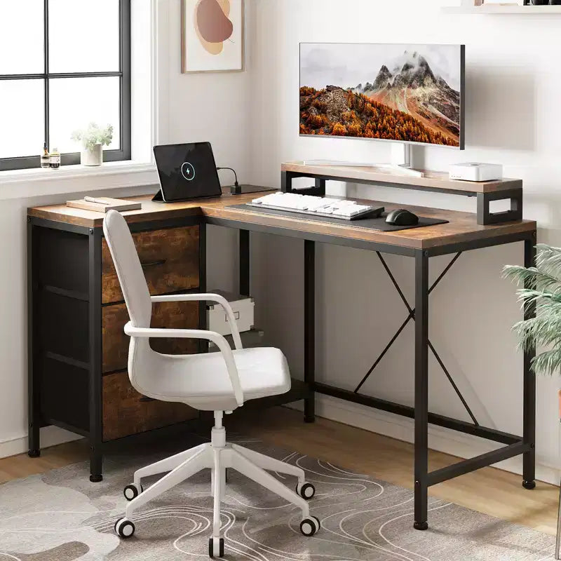 Home Office Desk, L Shaped Desk with Led Lights, 3-Drawer Computer Desk with Monitor Stand
