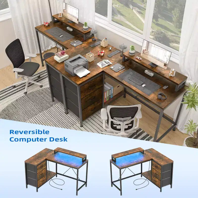 Home Office Desk, L Shaped Desk with Led Lights, 3-Drawer Computer Desk with Monitor Stand