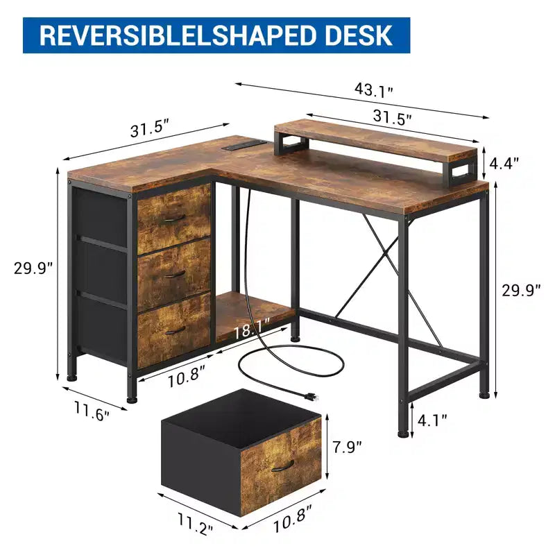 Home Office Desk, L Shaped Desk with Led Lights, 3-Drawer Computer Desk with Monitor Stand