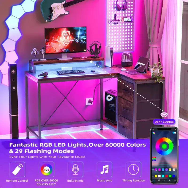 Home Office Desk, L Shaped Desk with Led Lights, 3-Drawer Computer Desk with Monitor Stand