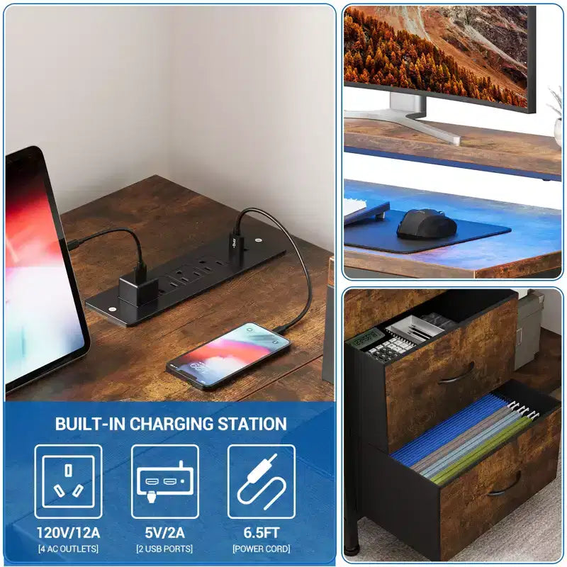 Home Office Desk, L Shaped Desk with Led Lights, 3-Drawer Computer Desk with Monitor Stand