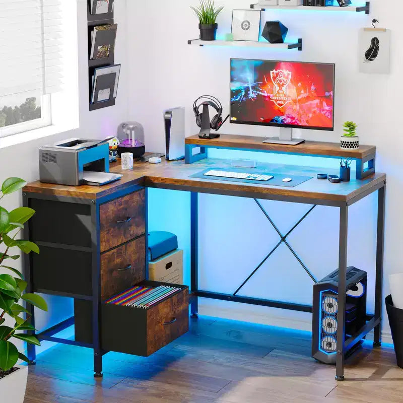Home Office Desk, L Shaped Desk with Led Lights, 3-Drawer Computer Desk with Monitor Stand