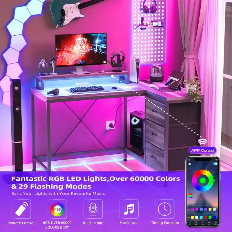 Home Office Desk, L Shaped Desk with Led Lights, 3-Drawer Computer Desk with Monitor Stand