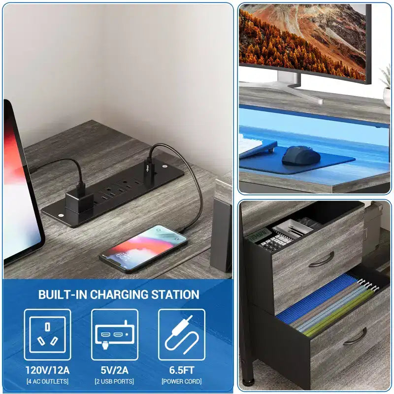 Home Office Desk, L Shaped Desk with Led Lights, 3-Drawer Computer Desk with Monitor Stand