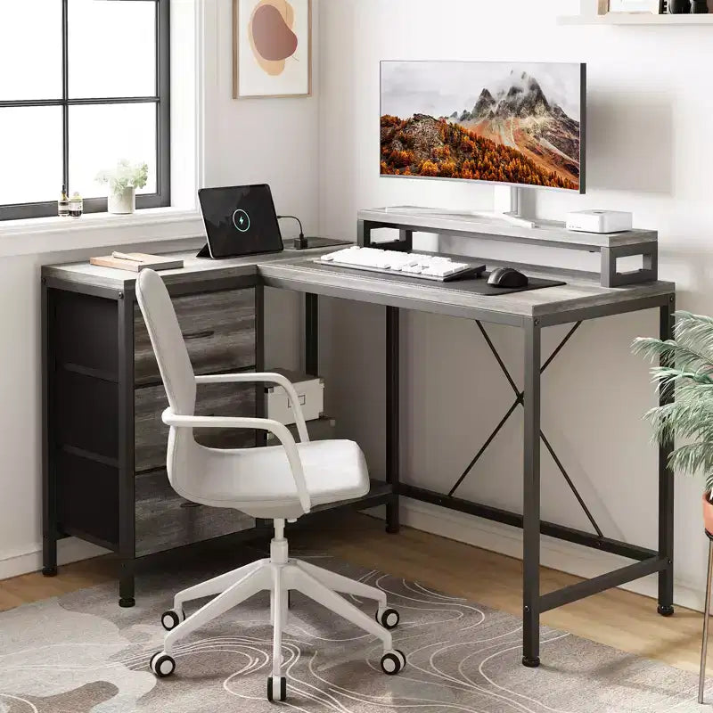 Home Office Desk, L Shaped Desk with Led Lights, 3-Drawer Computer Desk with Monitor Stand