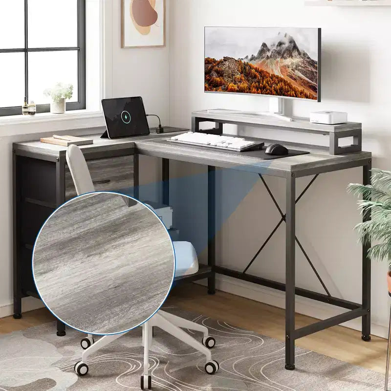 Home Office Desk, L Shaped Desk with Led Lights, 3-Drawer Computer Desk with Monitor Stand