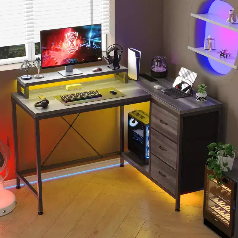 Home Office Desk, L Shaped Desk with Led Lights, 3-Drawer Computer Desk with Monitor Stand