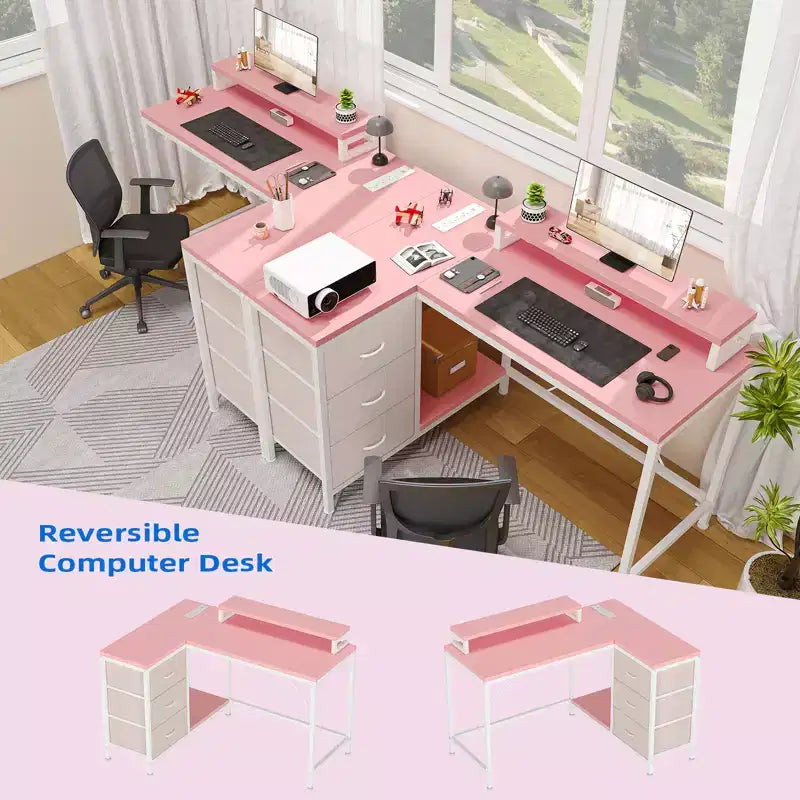 Home Office Desk, L Shaped Desk with Led Lights, 3-Drawer Computer Desk with Monitor Stand