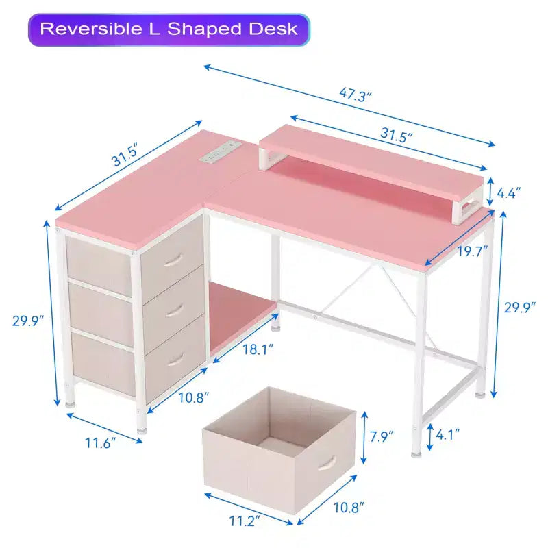 Home Office Desk, L Shaped Desk with Led Lights, 3-Drawer Computer Desk with Monitor Stand
