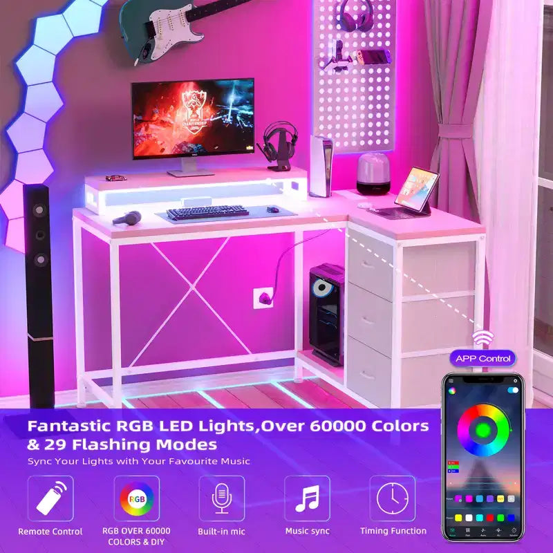 Home Office Desk, L Shaped Desk with Led Lights, 3-Drawer Computer Desk with Monitor Stand
