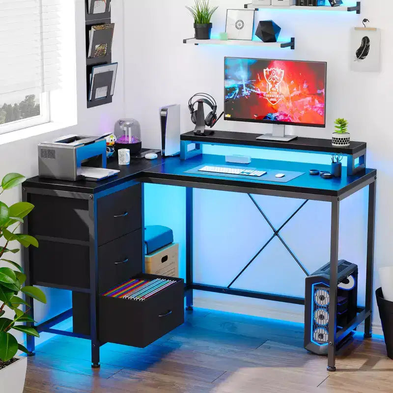 Home Office Desk, L Shaped Desk with Led Lights, 3-Drawer Computer Desk with Monitor Stand