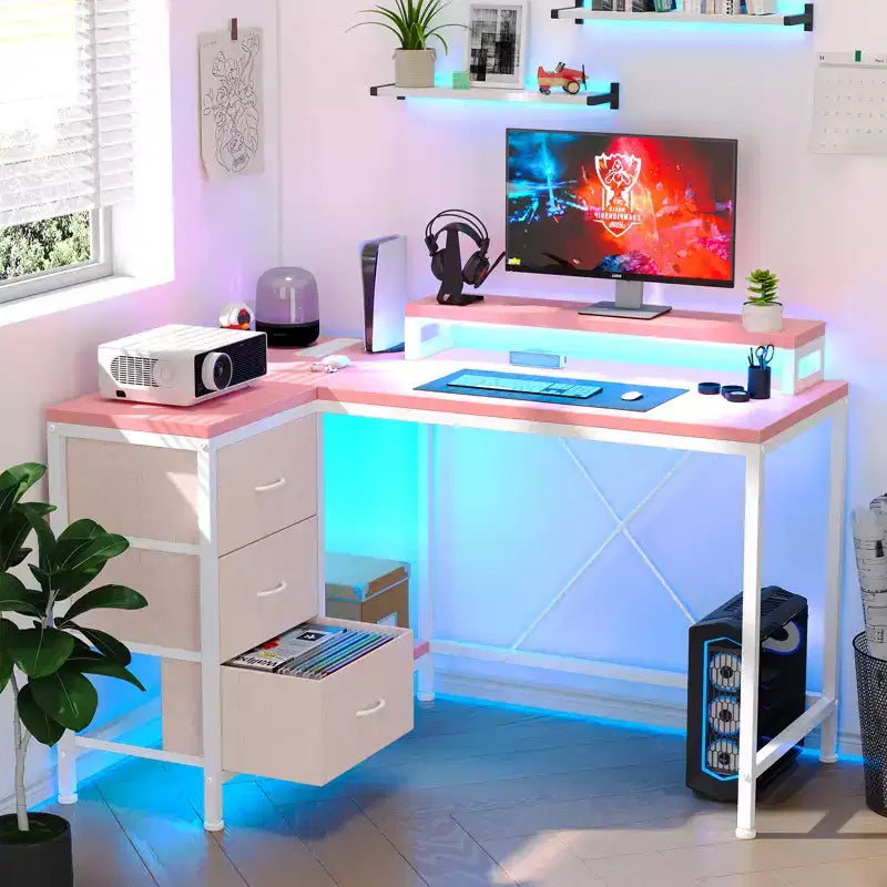 Home Office Desk, L Shaped Desk with Led Lights, 3-Drawer Computer Desk with Monitor Stand