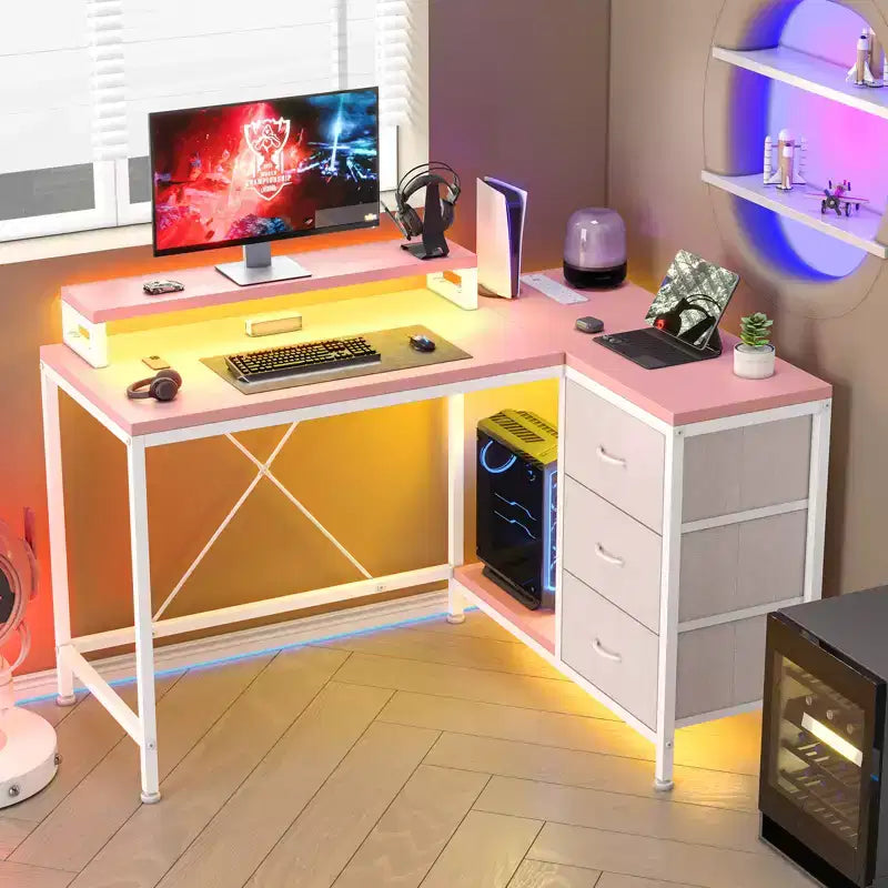 Home Office Desk, L Shaped Desk with Led Lights, 3-Drawer Computer Desk with Monitor Stand
