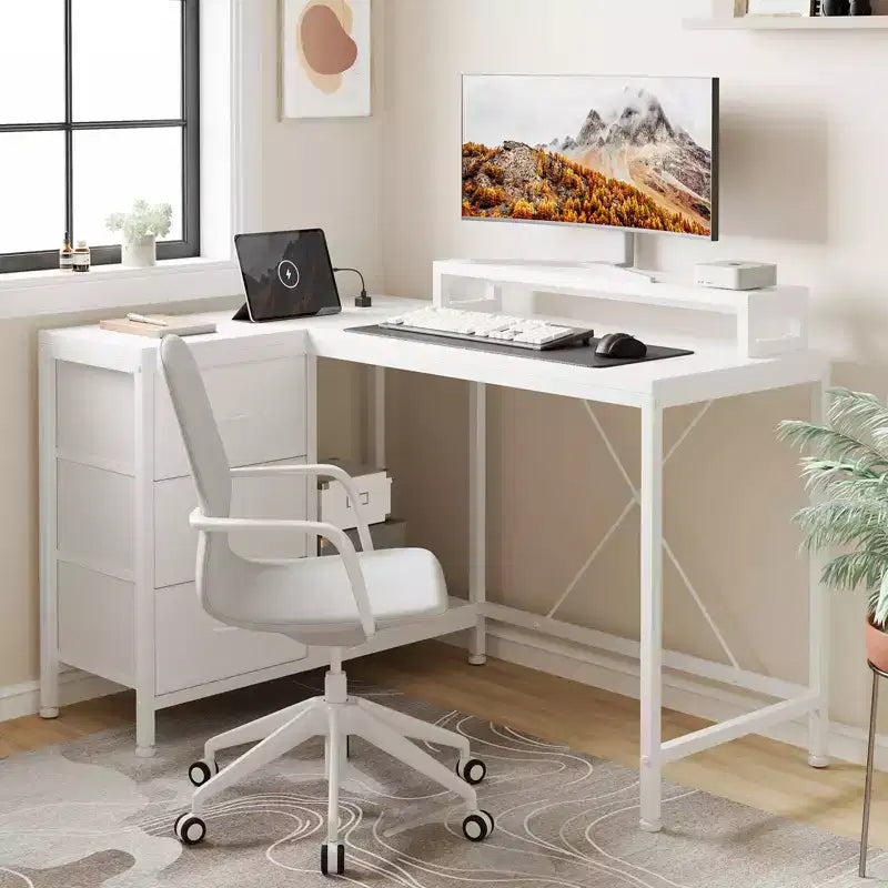 Home Office Desk, L Shaped Desk with Led Lights, 3-Drawer Computer Desk with Monitor Stand
