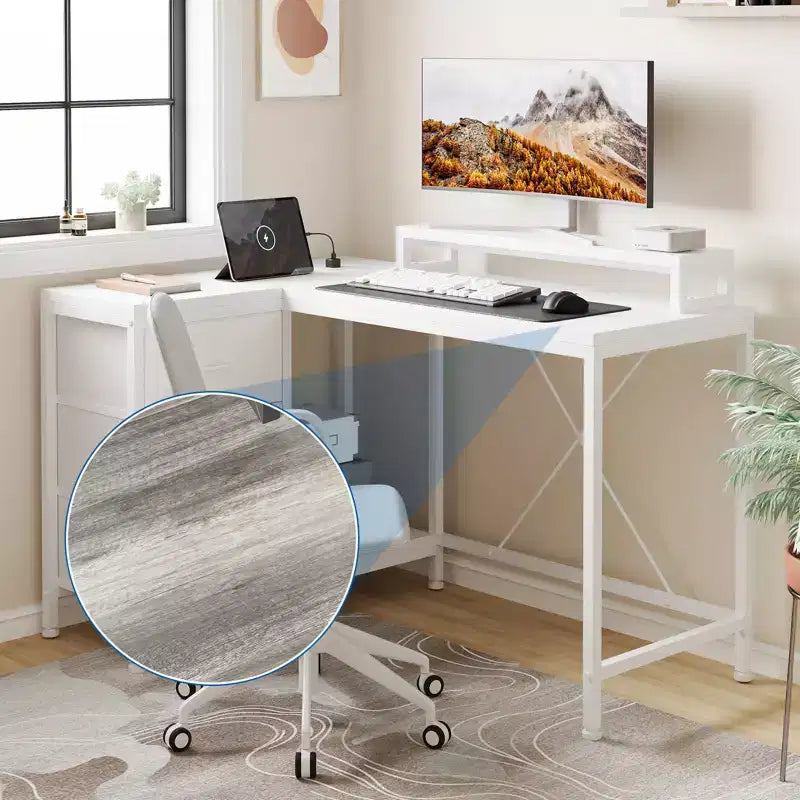 Home Office Desk, L Shaped Desk with Led Lights, 3-Drawer Computer Desk with Monitor Stand