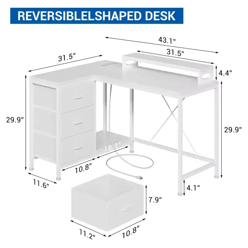 Home Office Desk, L Shaped Desk with Led Lights, 3-Drawer Computer Desk with Monitor Stand