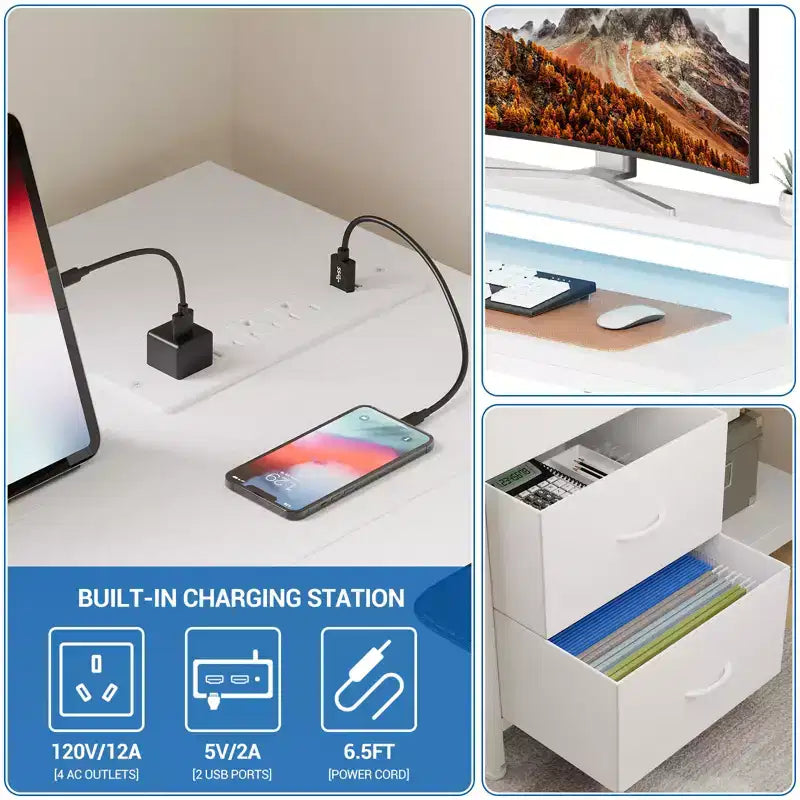 Home Office Desk, L Shaped Desk with Led Lights, 3-Drawer Computer Desk with Monitor Stand