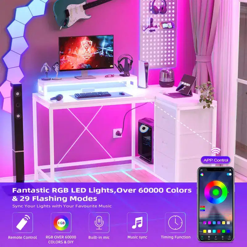 Home Office Desk, L Shaped Desk with Led Lights, 3-Drawer Computer Desk with Monitor Stand
