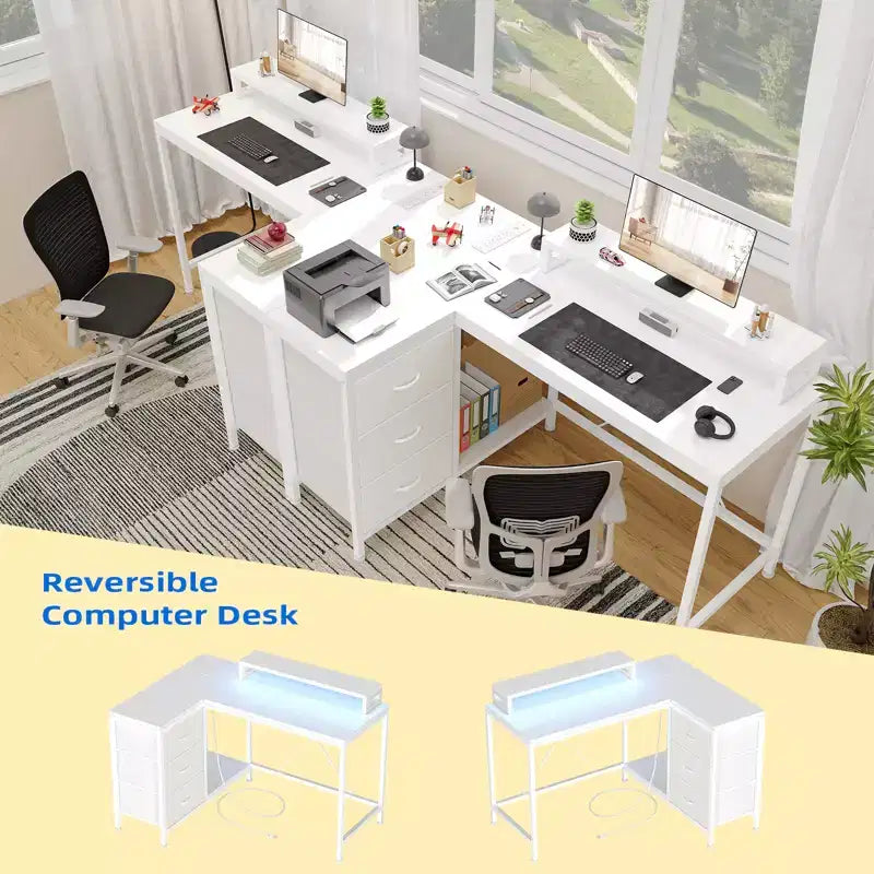 Home Office Desk, L Shaped Desk with Led Lights, 3-Drawer Computer Desk with Monitor Stand