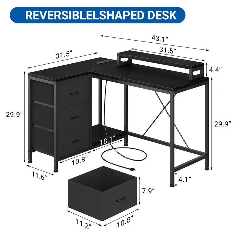 Home Office Desk, L Shaped Desk with Led Lights, 3-Drawer Computer Desk with Monitor Stand