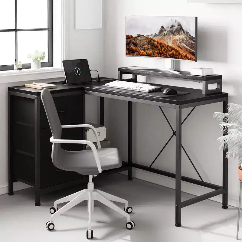 Home Office Desk, L Shaped Desk with Led Lights, 3-Drawer Computer Desk with Monitor Stand