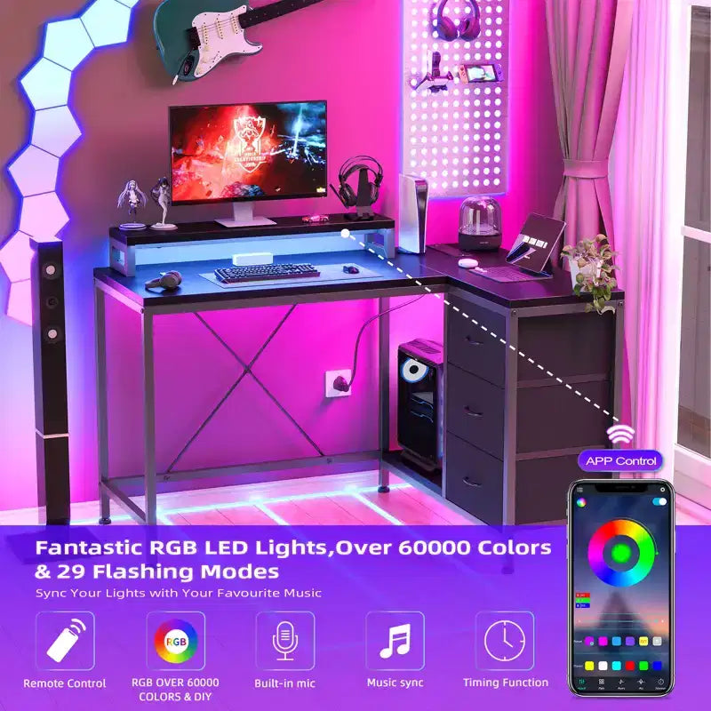 Home Office Desk, L Shaped Desk with Led Lights, 3-Drawer Computer Desk with Monitor Stand