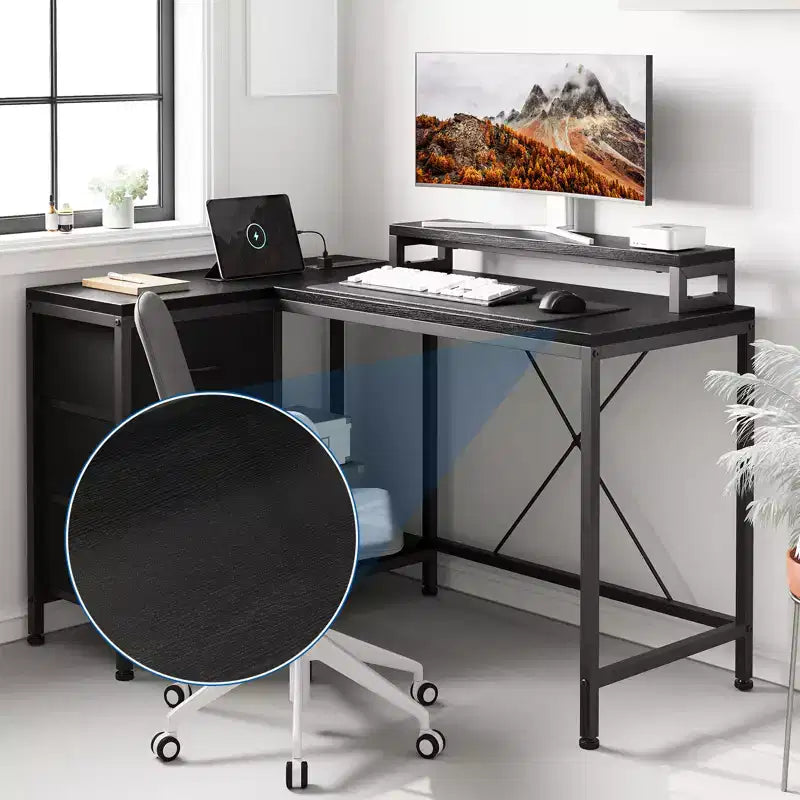 Home Office Desk, L Shaped Desk with Led Lights, 3-Drawer Computer Desk with Monitor Stand