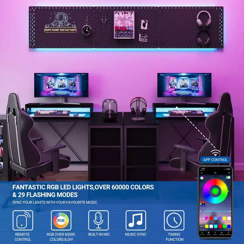 Home Office Desk, L Shaped Desk with Led Lights, 3-Drawer Computer Desk with Monitor Stand