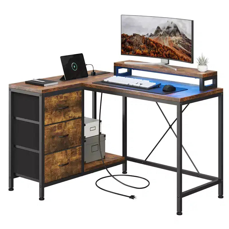 Home Office Desk, L Shaped Desk with Led Lights, 3-Drawer Computer Desk with Monitor Stand