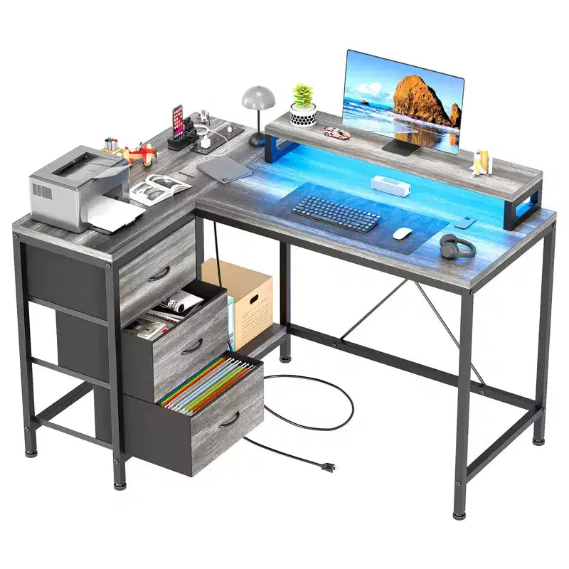 Home Office Desk, L Shaped Desk with Led Lights, 3-Drawer Computer Desk with Monitor Stand