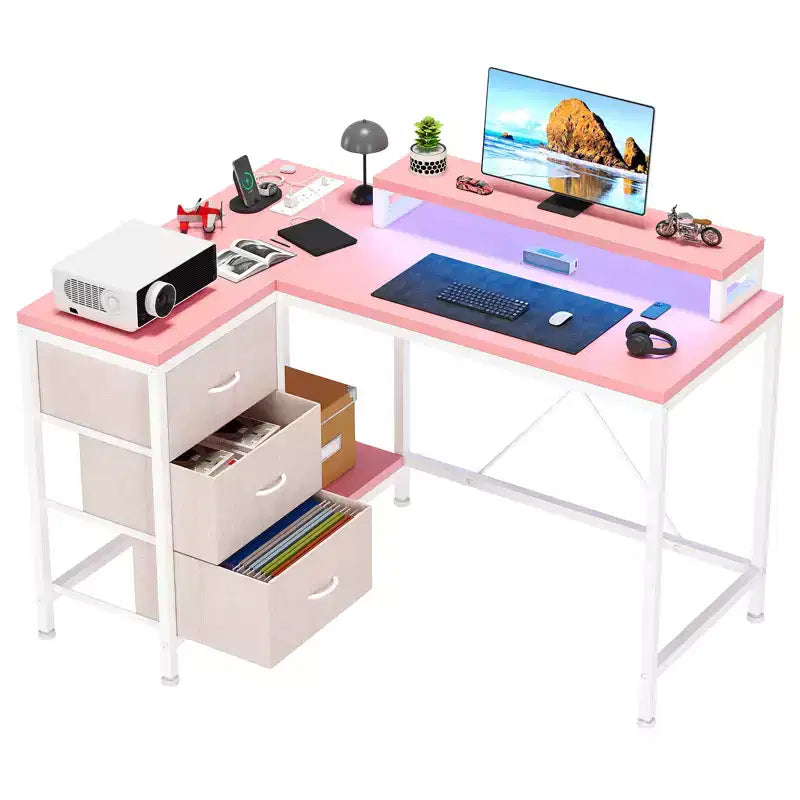 Home Office Desk, L Shaped Desk with Led Lights, 3-Drawer Computer Desk with Monitor Stand