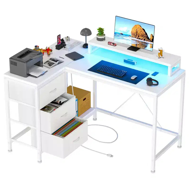 Home Office Desk, L Shaped Desk with Led Lights, 3-Drawer Computer Desk with Monitor Stand
