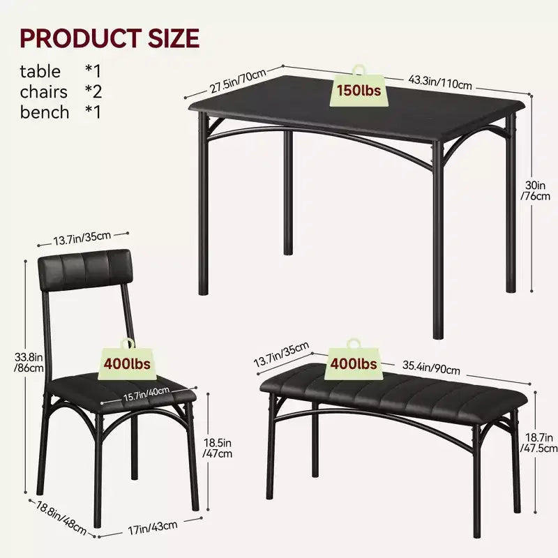 Dining Table Set for 4, Small Dining Table Set with Upholstered Bench and 2 Chairs, Kitchen Table and Chairs for 4, for Small Space