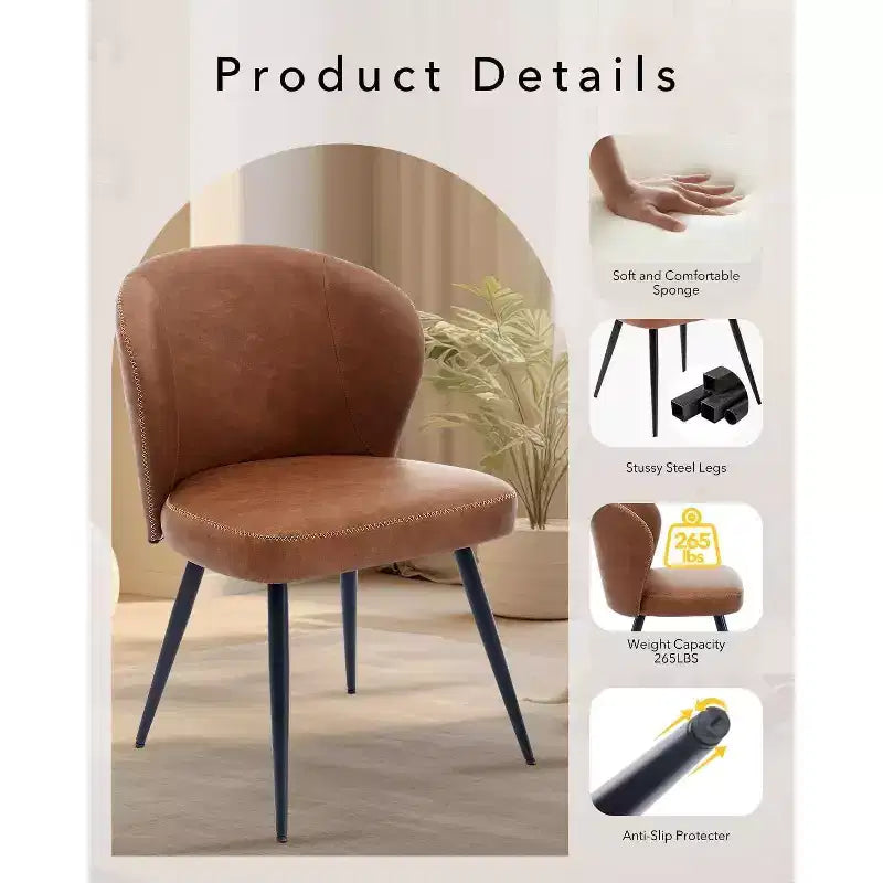 Modern Leather Dining Chairs Set of 2 Kitchen Dining Room Chairs with Padded Back and Seat, Armless Faux Leather Upholstered Accent Side Chair