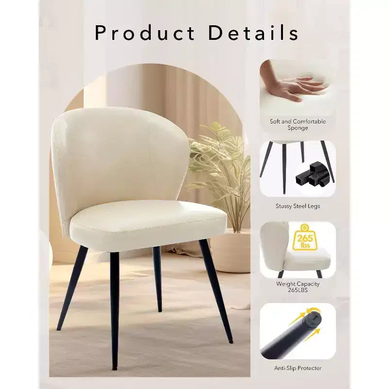 Modern Leather Dining Chairs Set of 2 Kitchen Dining Room Chairs with Padded Back and Seat, Armless Faux Leather Upholstered Accent Side Chair