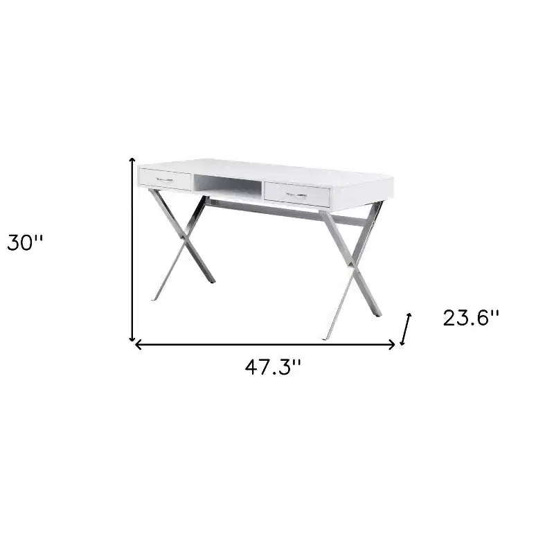 HomeRoots 47 White and Silver Wood and Metal Computer Desk With Two Drawers