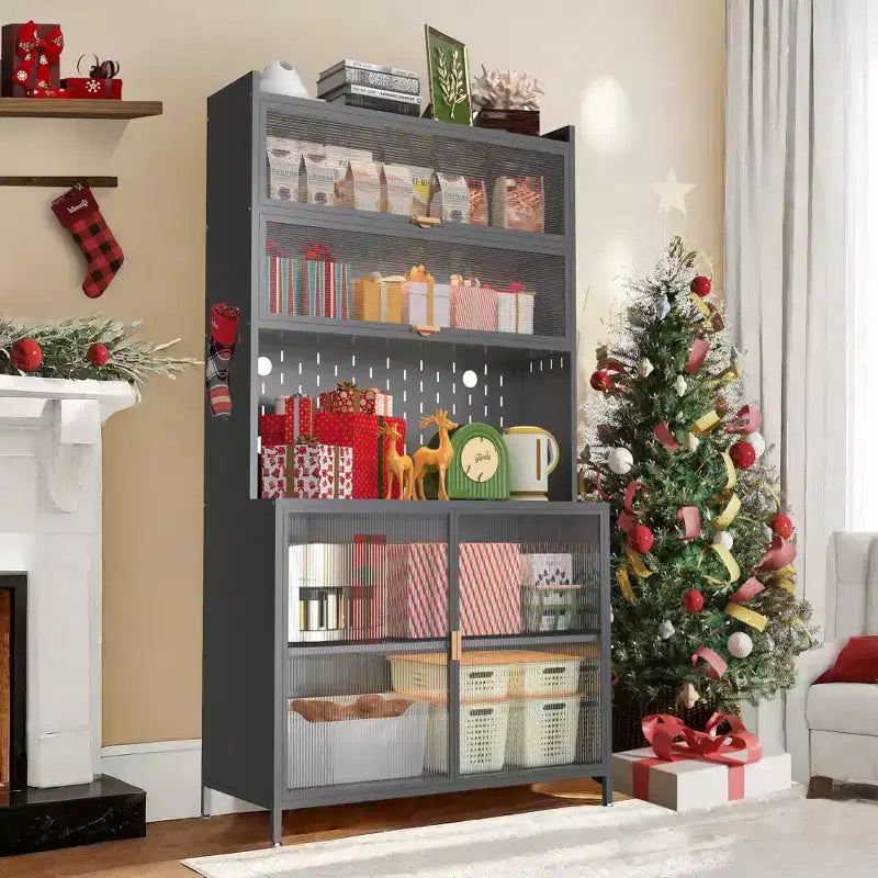 Chic Crate Armoire de rangement en métal à 6 niveaux de 185 cm avec portes basculantes et panneau perforé (gris) Meuble de sécurité anti-basculement pour cuisine/salle à manger/salon