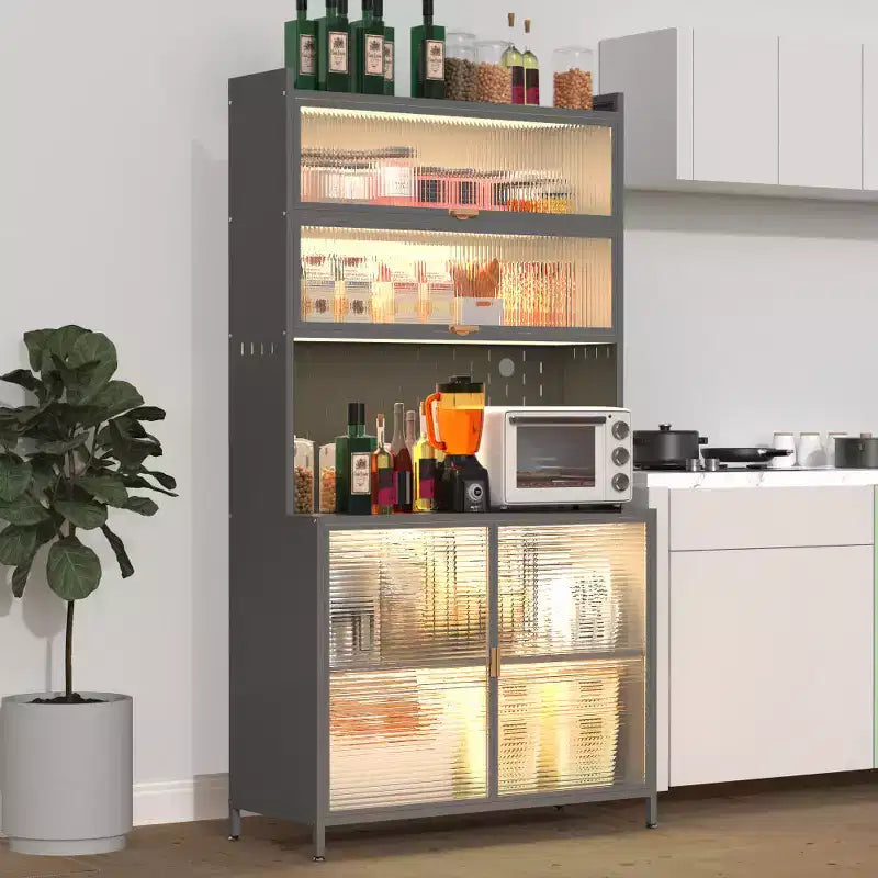 Chic Crate Armoire de rangement en métal à 6 niveaux de 185 cm avec portes basculantes et panneau perforé (gris) Meuble de sécurité anti-basculement pour cuisine/salle à manger/salon