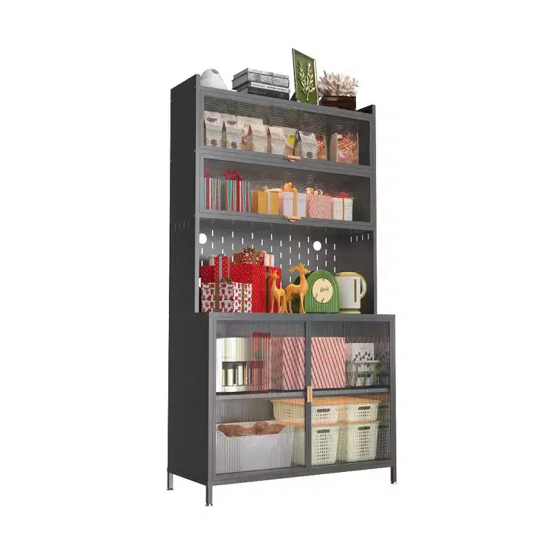 Chic Crate Armoire de rangement en métal à 6 niveaux de 185 cm avec portes basculantes et panneau perforé (gris) Meuble de sécurité anti-basculement pour cuisine/salle à manger/salon
