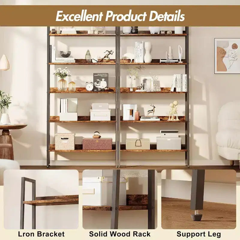 5 Tier Bookcase with Open Display Shelf, Vintage Industrial Style Display Shelf with Metal Frame for Living Room, Bedroom, Office
