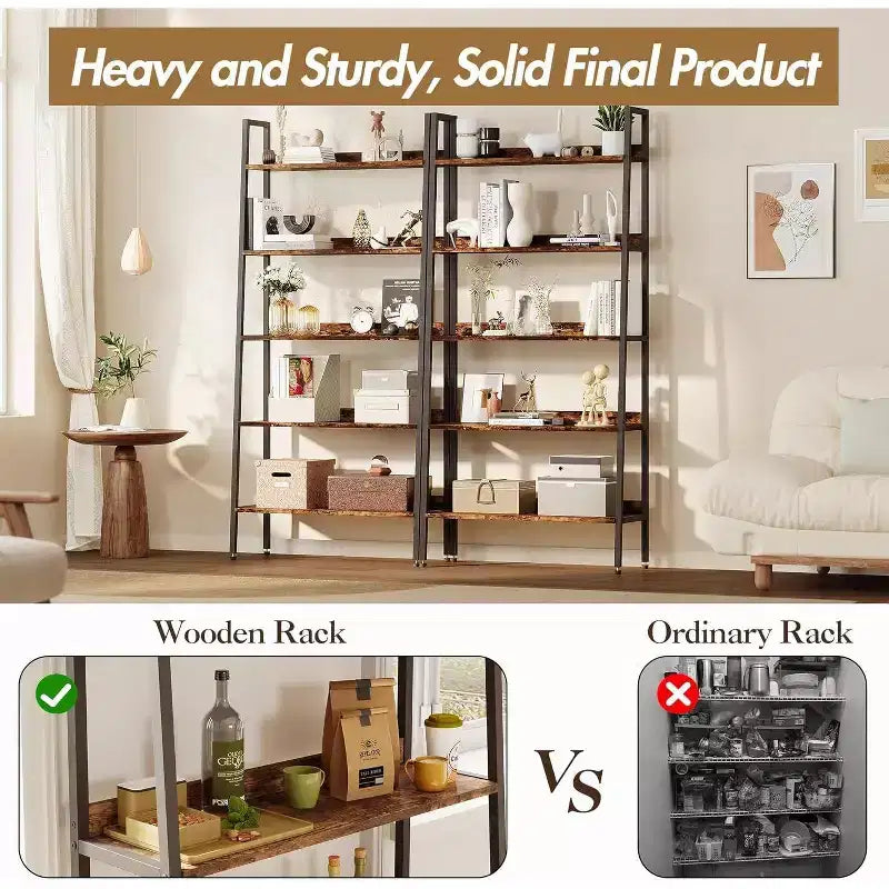 5 Tier Bookcase with Open Display Shelf, Vintage Industrial Style Display Shelf with Metal Frame for Living Room, Bedroom, Office