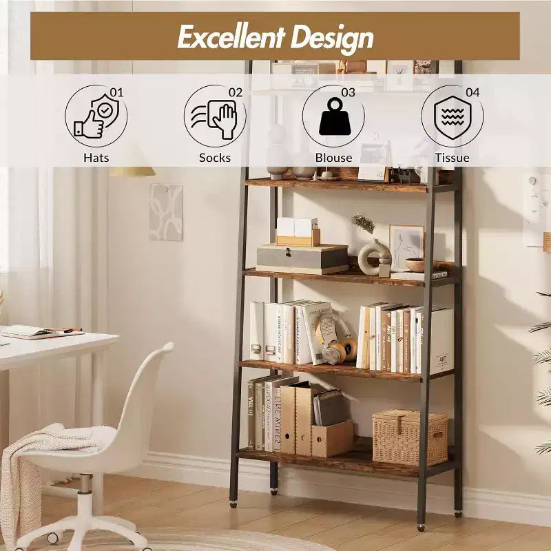 5 Tier Bookcase with Open Display Shelf, Vintage Industrial Style Display Shelf with Metal Frame for Living Room, Bedroom, Office