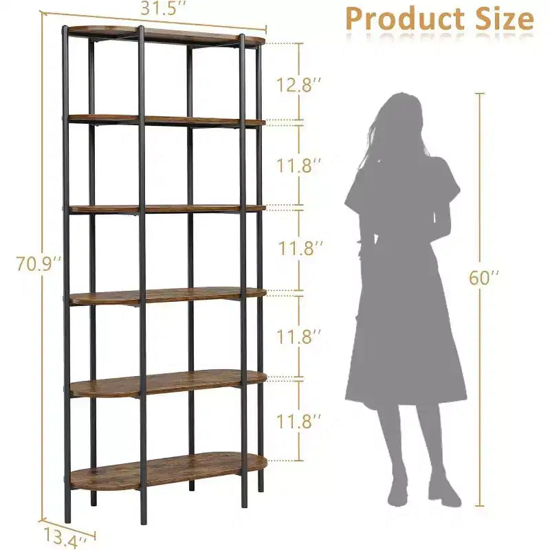 5 Tier Bookcase with Open Display Shelf, Vintage Industrial Style Display Shelf with Metal Frame for Living Room, Bedroom, Office