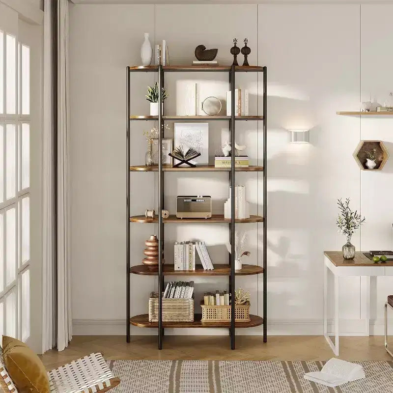 5 Tier Bookcase with Open Display Shelf, Vintage Industrial Style Display Shelf with Metal Frame for Living Room, Bedroom, Office