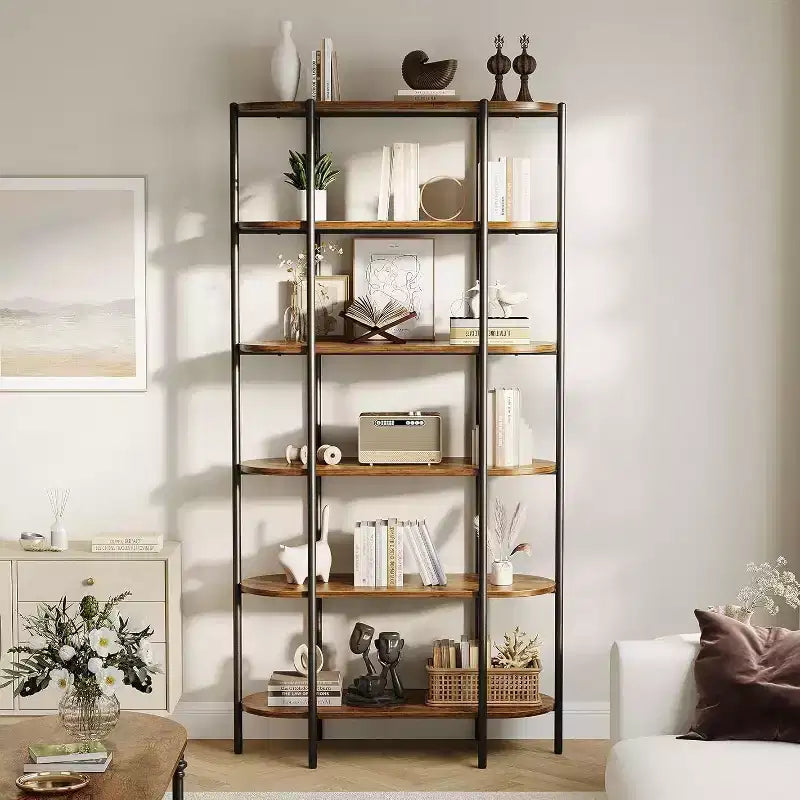 5 Tier Bookcase with Open Display Shelf, Vintage Industrial Style Display Shelf with Metal Frame for Living Room, Bedroom, Office